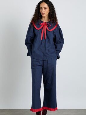 Damson Madder Navy & Red Ruffle Trim Women's Pajama Set - US Size 12